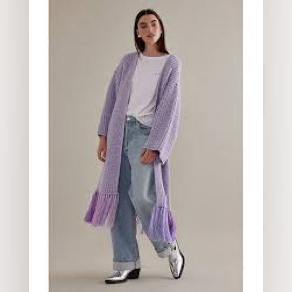 By Antropologie Multicolour Fringe Duster Kimono Cardigan One Size NWT Lavender - Picture 5 of 5